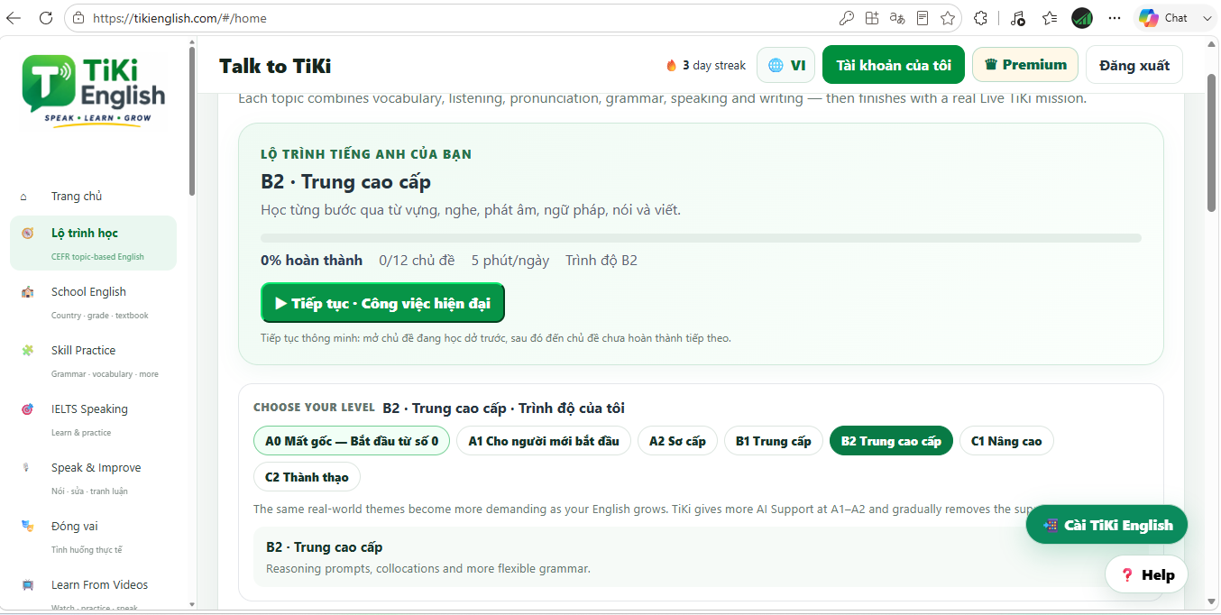 Lộ trình học: chọn trình độ và tiếp tục bài học