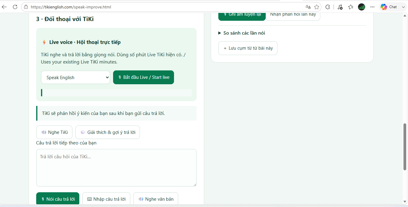 Giao diện Speak & Improve của TiKi English với điều khiển hội thoại Live và hỗ trợ trả lời.