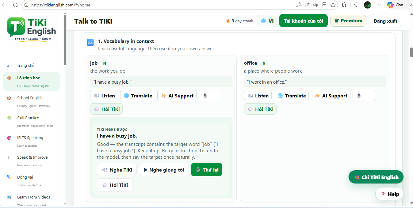 Thẻ job và office với Listen, Translate, AI Support, micro và phần phản hồi sau khi nói